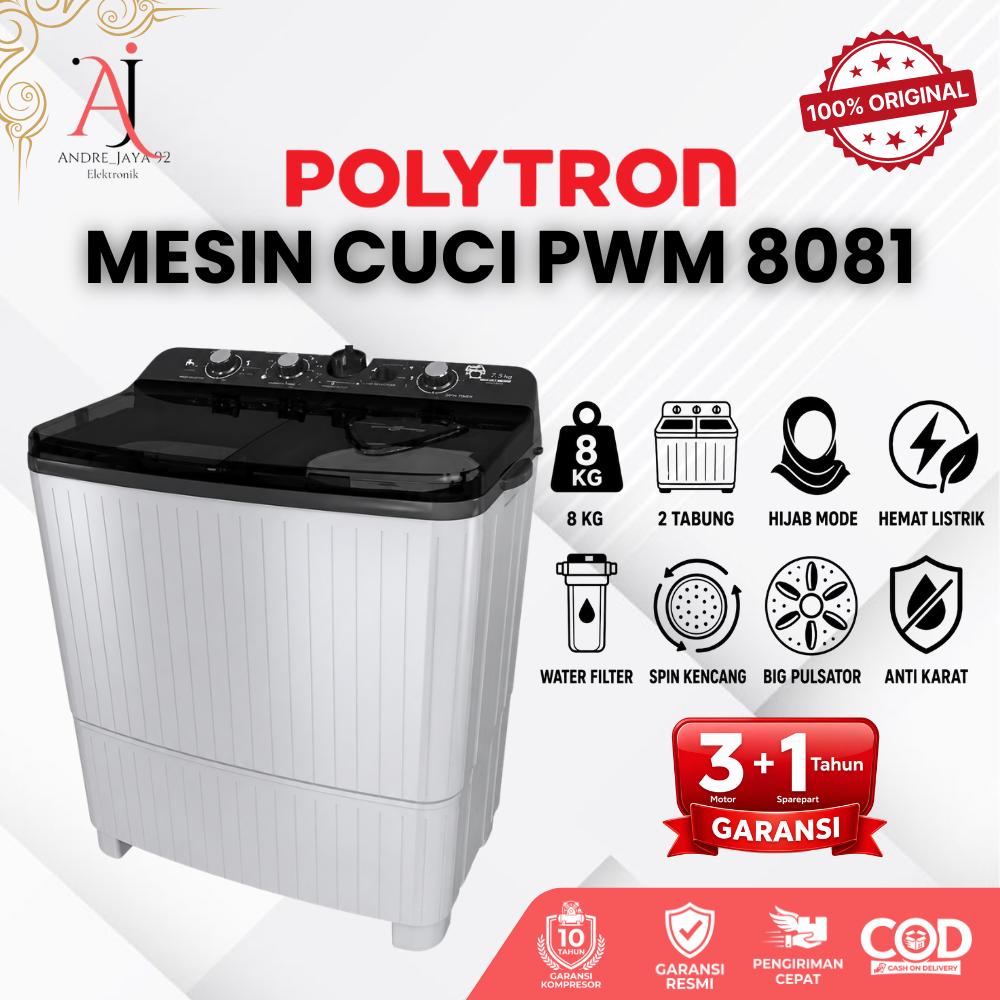 POLYTRON PWM 8081 Mesin Cuci 2 Tabung Kapasitas Besar 8Kg HIjab Mode Hemat Listrik Garansi Resmi