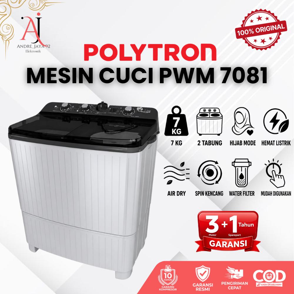 POLYTRON PWM 7081 Mesin Cuci 2 Tabung Kapasitas Besar 7kg HIjab Mode Hemat LIstrik Garansi Resmi